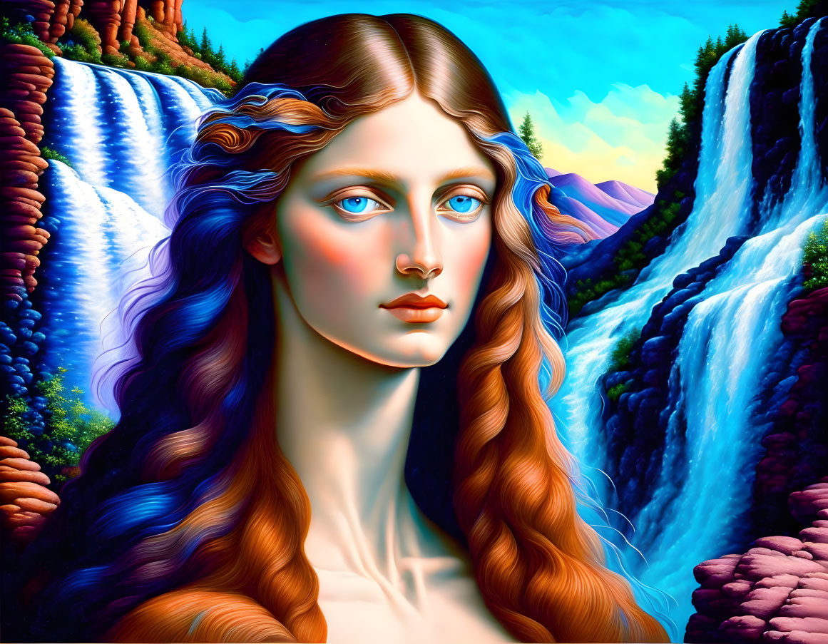 Digital painting of woman with blue eyes and auburn hair in nature scene