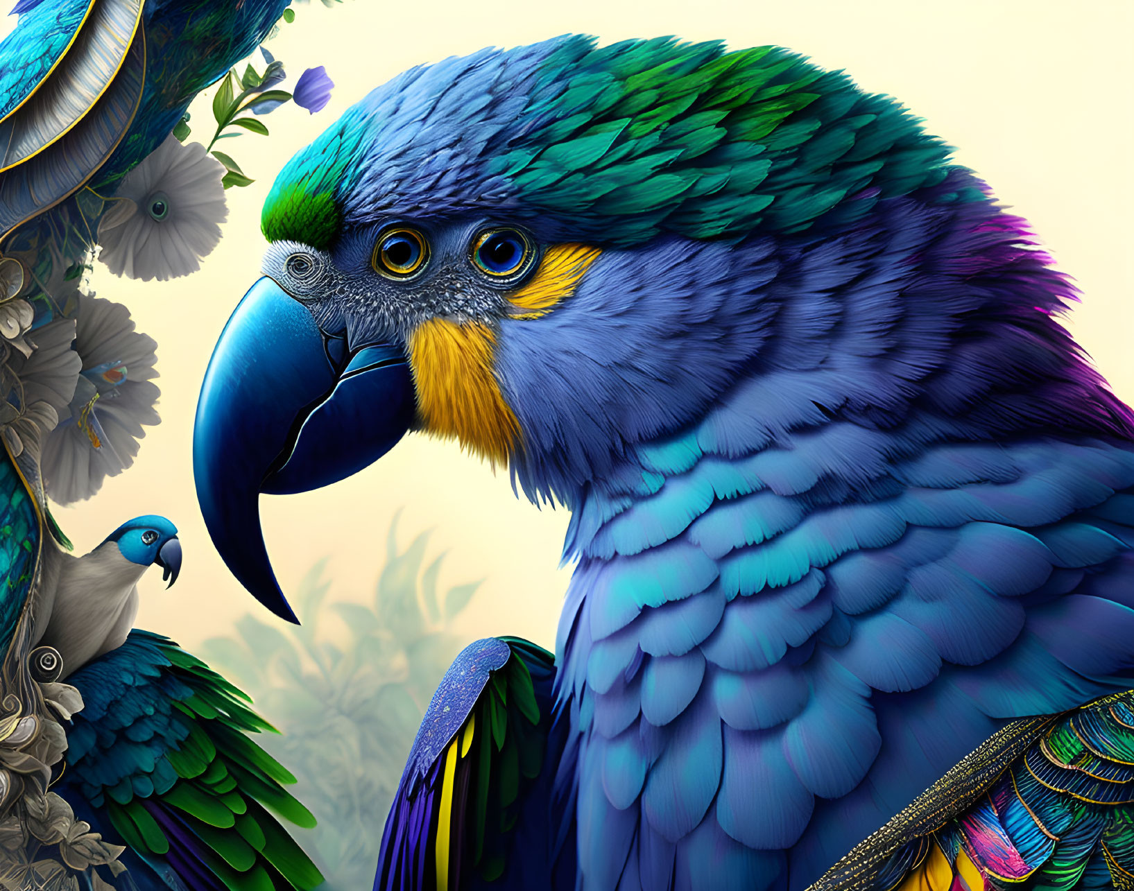 Colorful illustration of large and small parrots with vibrant blue, green, and yellow feathers