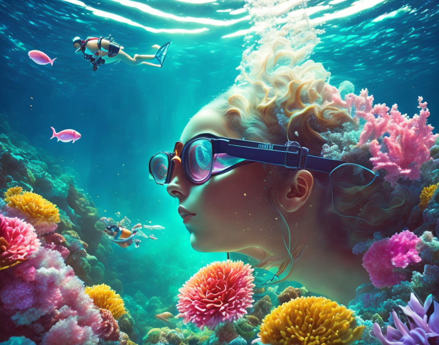 Surreal underwater scene with giant woman's face, divers, coral reef, and marine life.