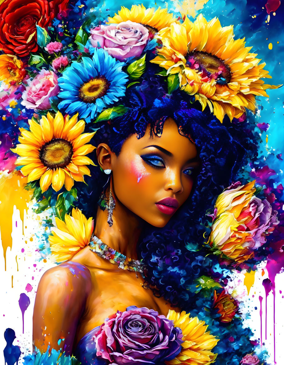 Colorful portrait of a woman with dark hair and floral bouquet in vibrant artwork