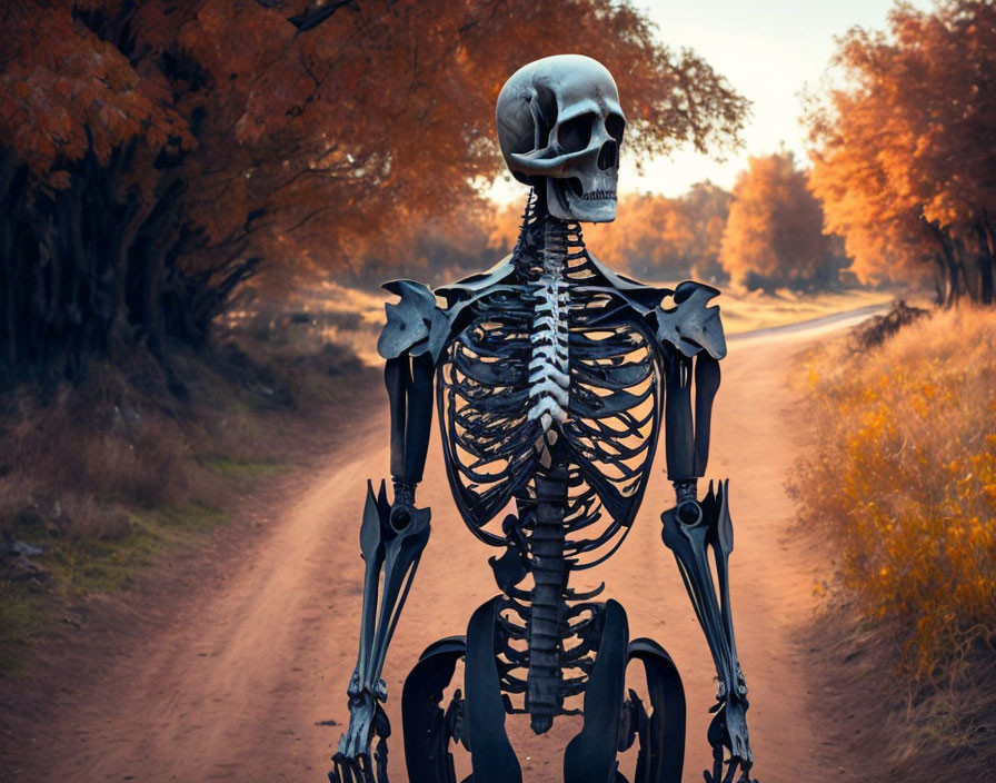 Skeleton on Path Surrounded by Fall Foliage at Sunset