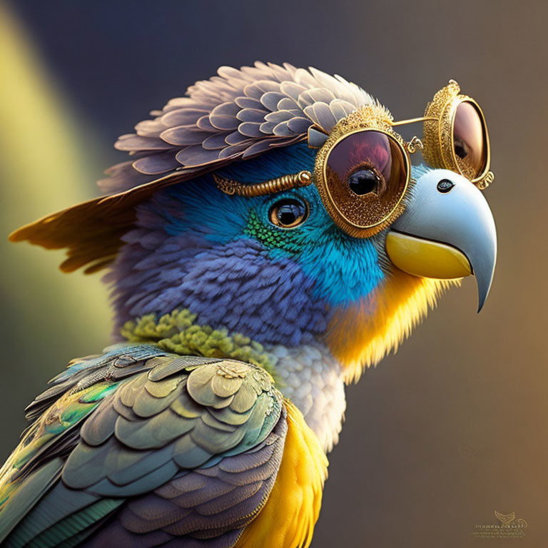 Colorful Parrot with Steampunk Sunglasses and Ornate Headpiece on Blurred Background