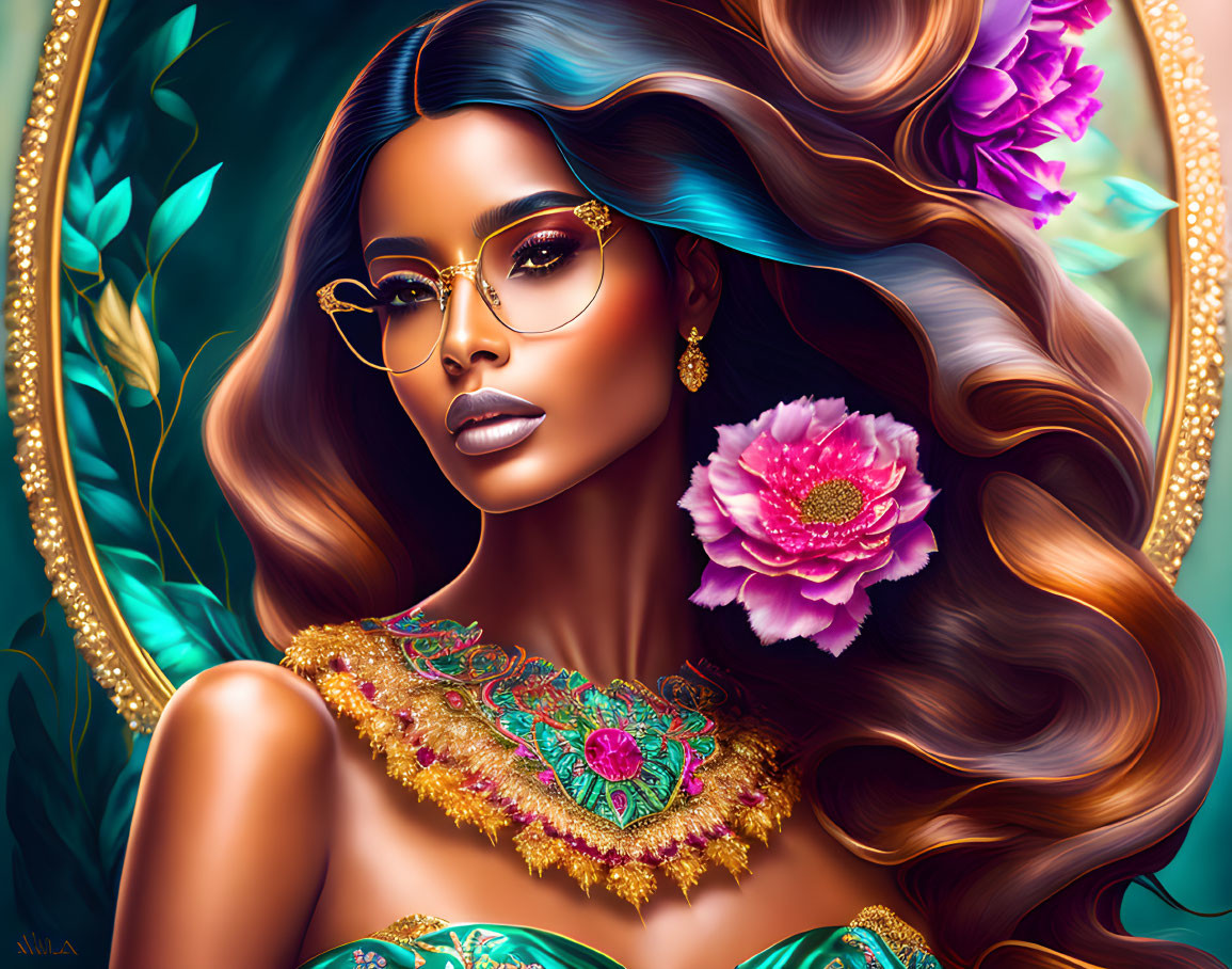 Woman with flowing hair, glasses, floral necklace, lush foliage backdrop