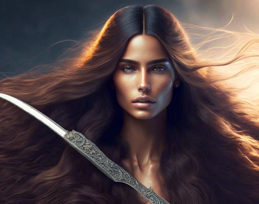 Detailed Digital Illustration of Woman with Brown Hair and Sword