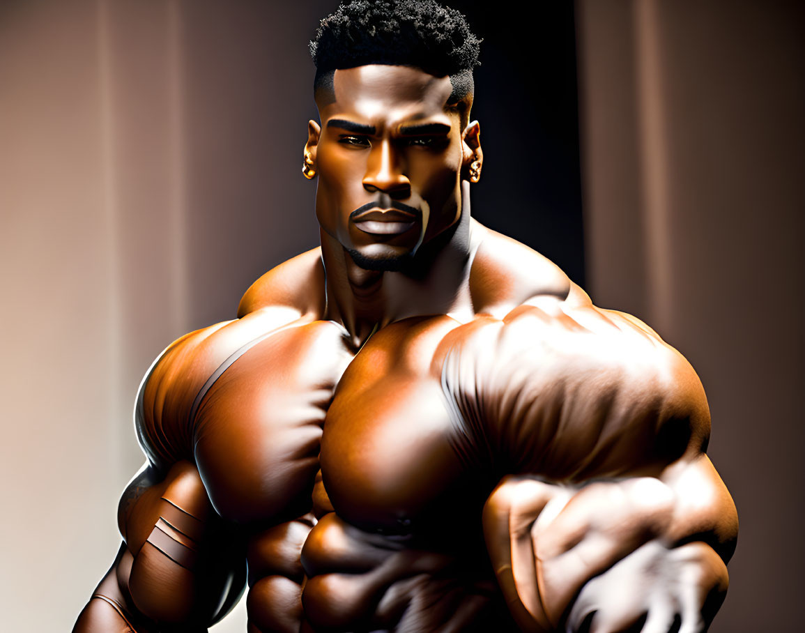 Muscular man with strong jawline and serious expression on gradient background