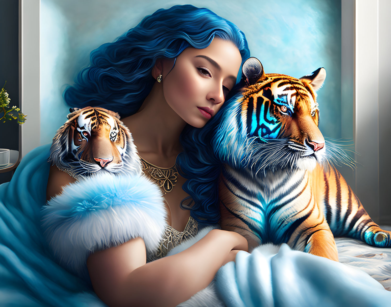 Blue-haired woman reclines with tigers in fur garment on blue background