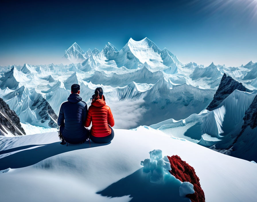 Snowy ridge with two people admiring mountain peaks in clear sky