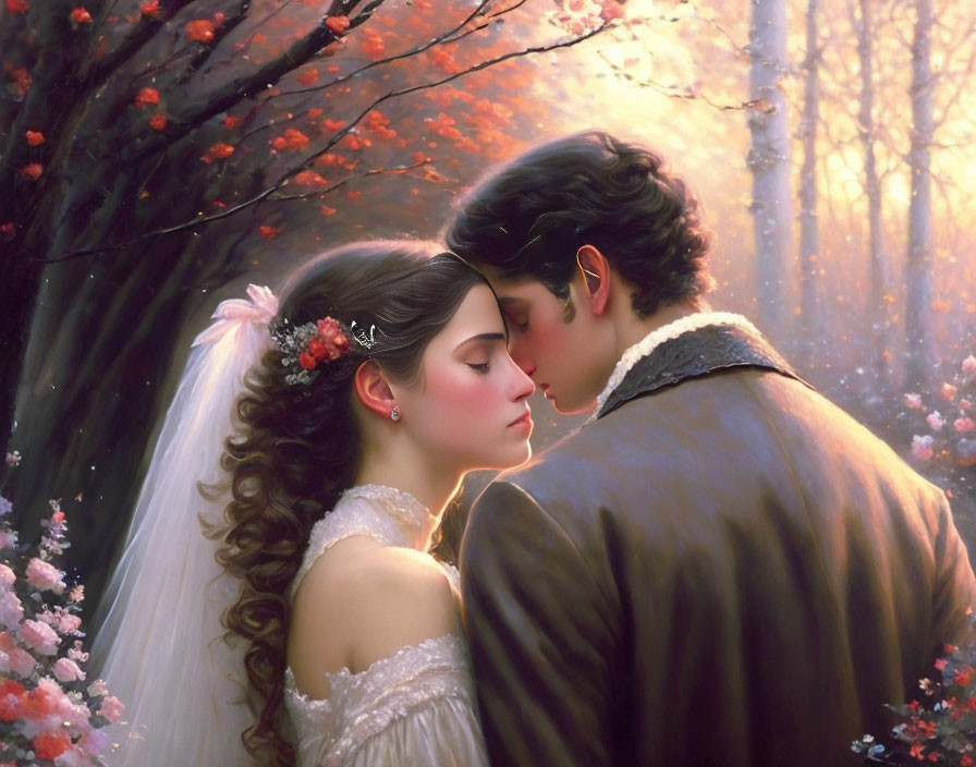 Romantic couple embracing in dreamy forest setting