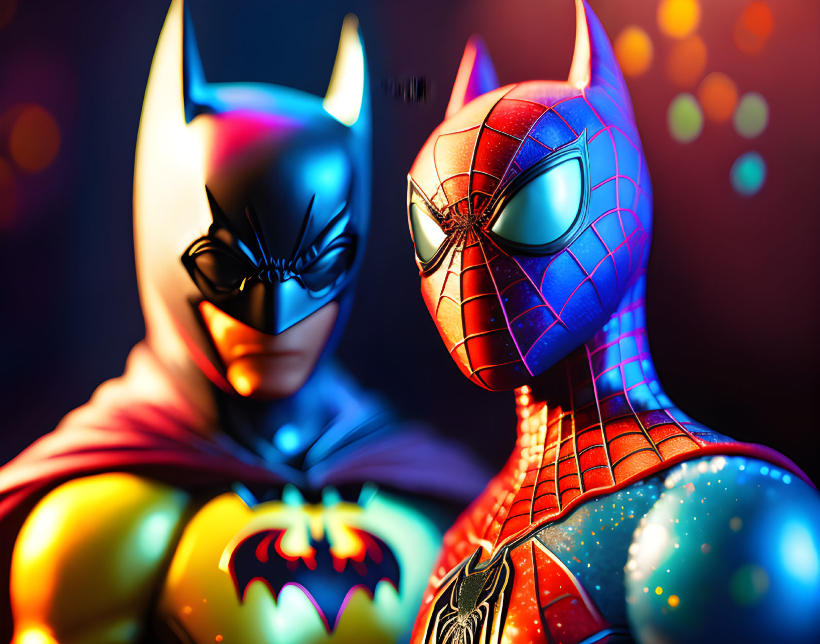 Colorful Batman and Spider-Man figures with bokeh background.