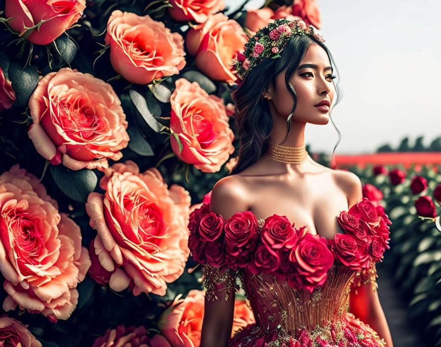 Woman in Floral Dress Surrounded by Blooming Roses