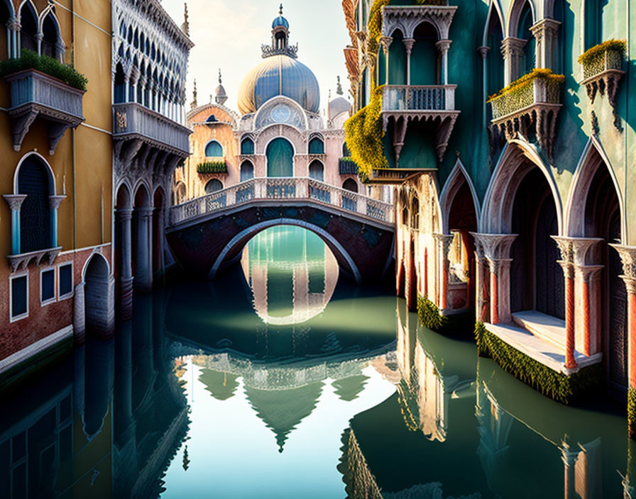 Venice canal with historic buildings and Basilica dome reflection