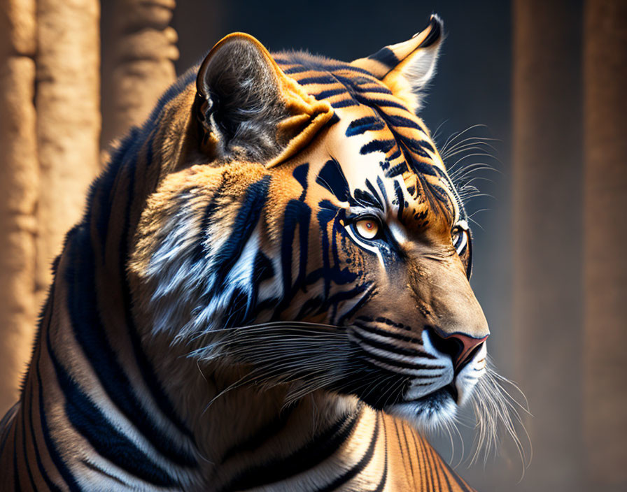 Majestic tiger with striking stripes and vibrant orange fur against blurred background.