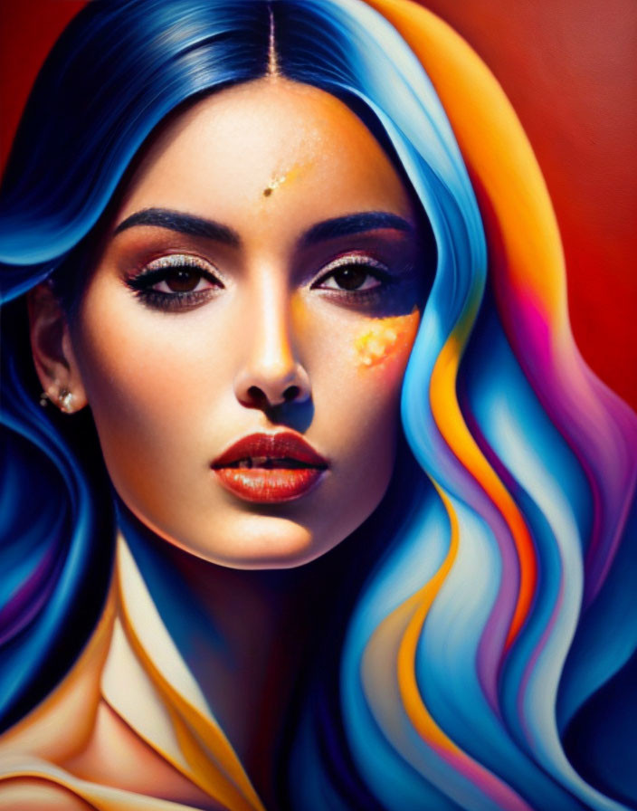 Vibrant portrait of a woman with rainbow hair and colorful makeup