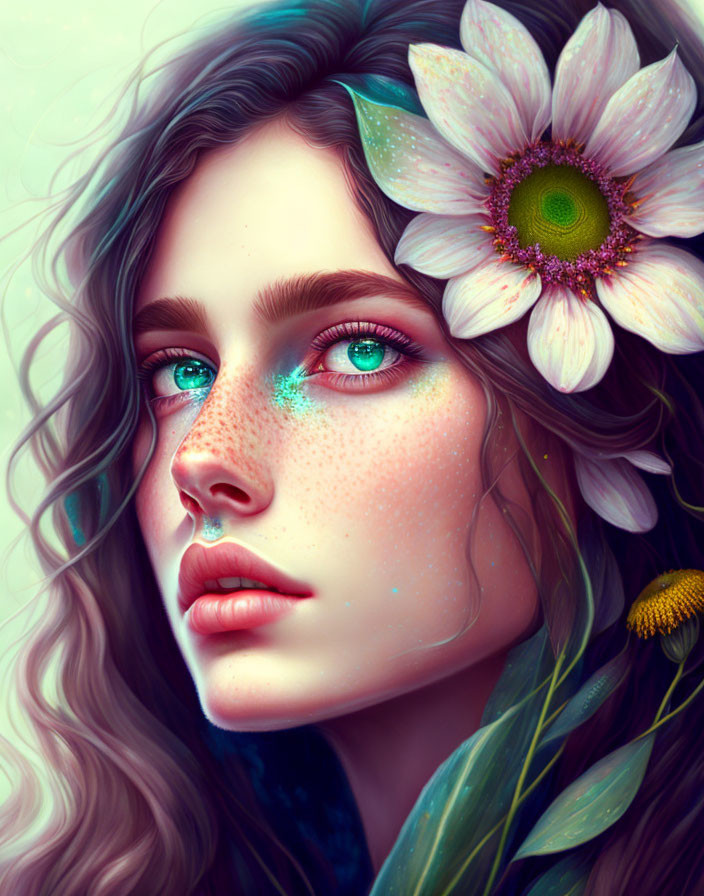 Portrait of woman with turquoise eyes, wavy hair, delicate freckles, and vibrant flowers.