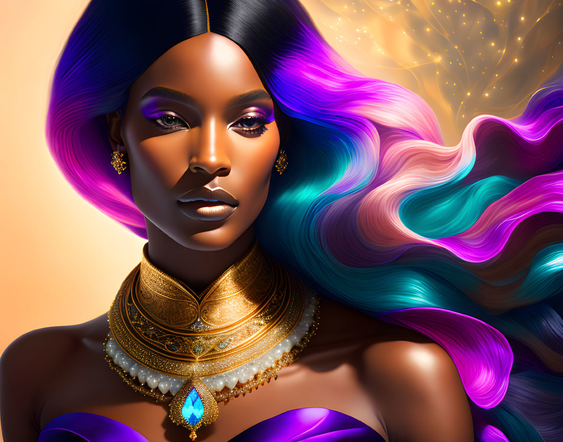 Vibrant Multicolored Hair Woman Illustration with Gold Jewelry