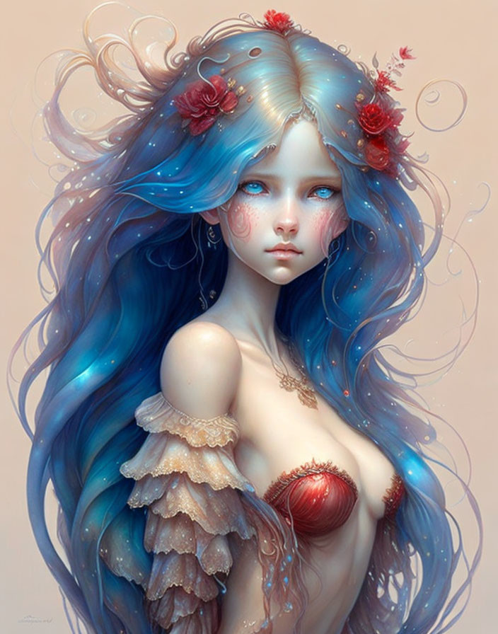 Mystical female figure with blue hair, red flowers, blue eyes, rosy cheeks, and