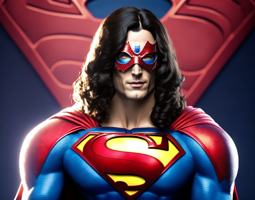 Person in Superman costume with mask against blue and red background