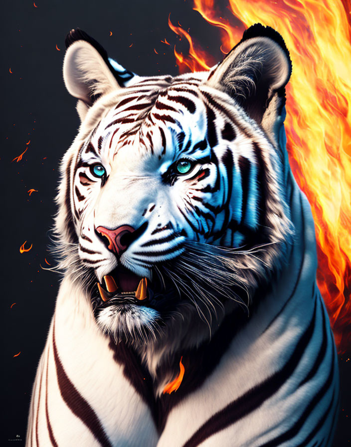 White Tiger Digital Art: Blue-Eyed, Striped, Flames Design