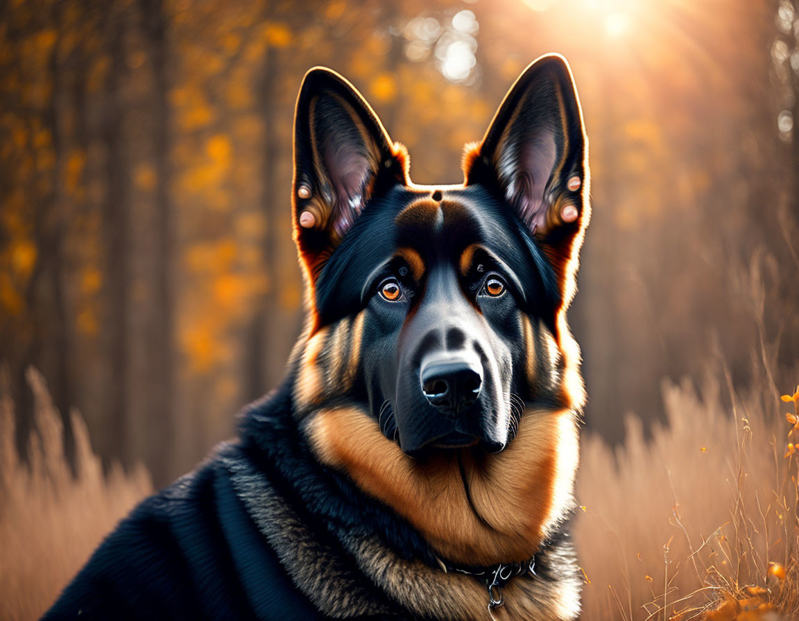 Alert German Shepherd Dog Backlit by Golden Sunset in Forest