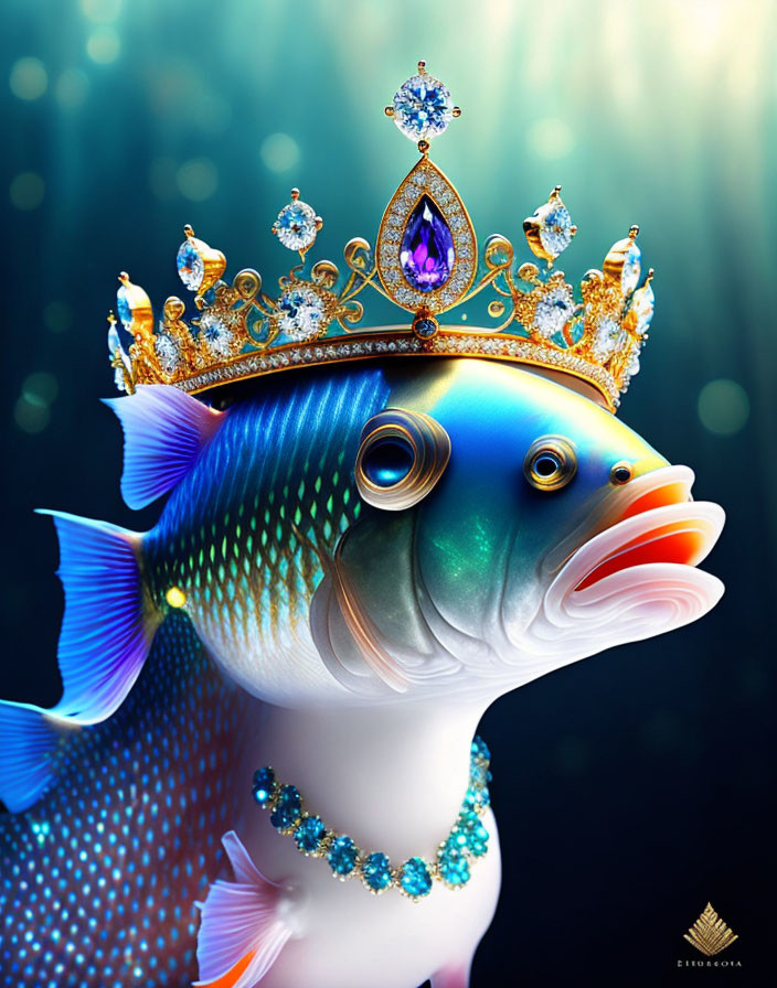 Colorful Fish with Golden Crown and Jewelry on Blue Background