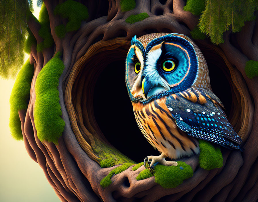 Colorful Owl Perched in Tree Hollow with Moss and Soft Lighting