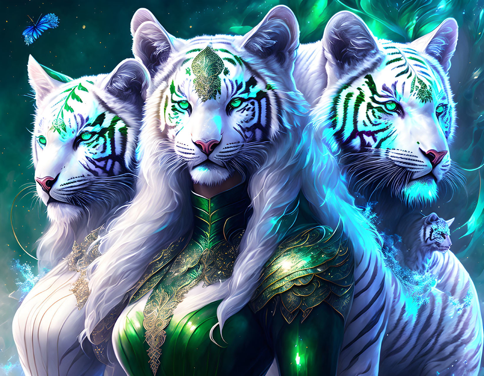 Majestic White Tigers with Glowing Blue Stripes and Ethereal Butterflies