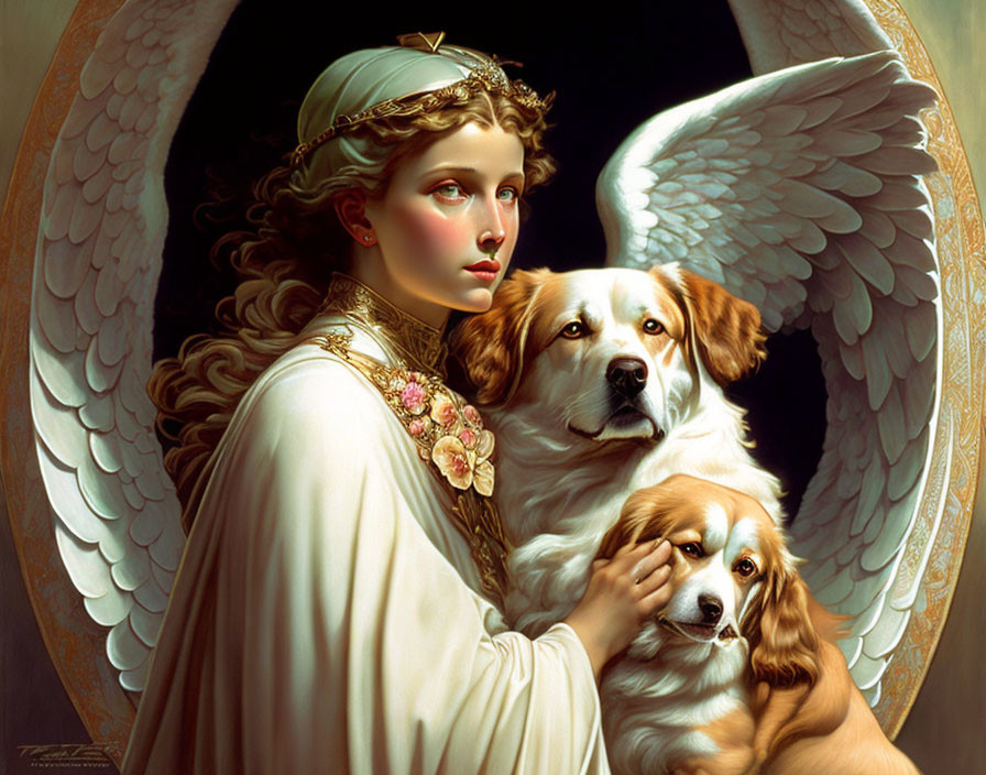 Serene woman with diadem petting angelic winged dogs on golden background