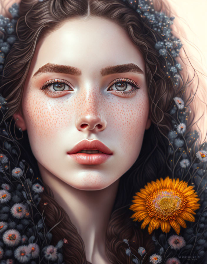 Portrait of woman with freckles, hazel eyes, and curly hair among white and yellow flowers