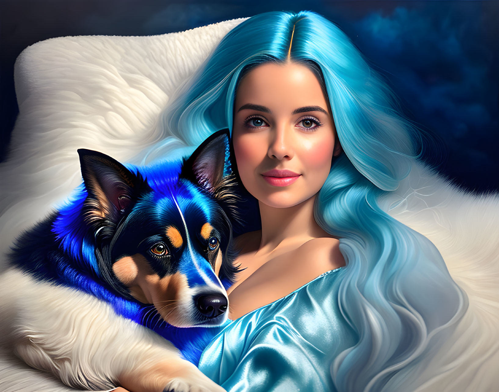 Woman with Bright Blue Hair and Dog in Satin Dress on Plush White Background