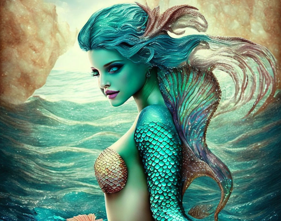 Mermaid digital art: teal hair, scaled tail, shell top, ocean backdrop