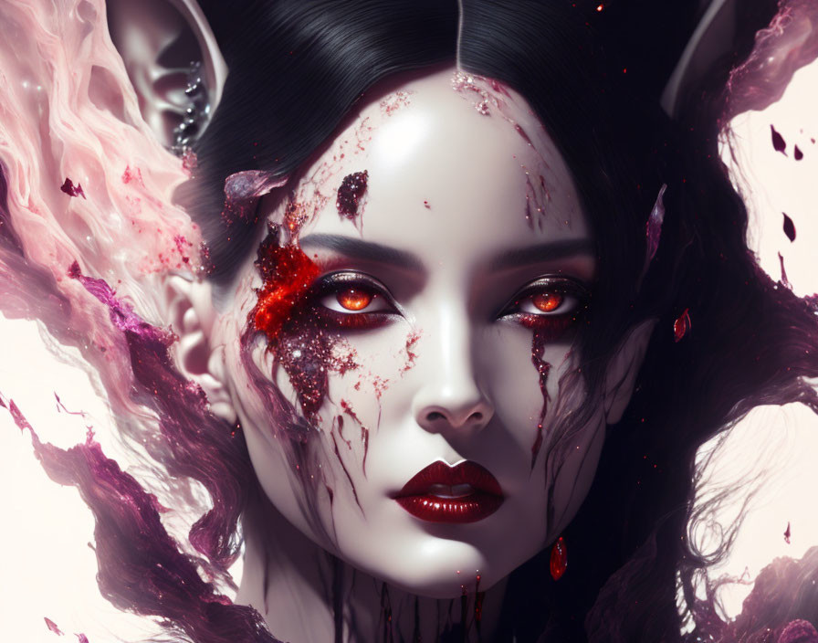 Fantasy digital artwork of female figure with dark hair and red eyes