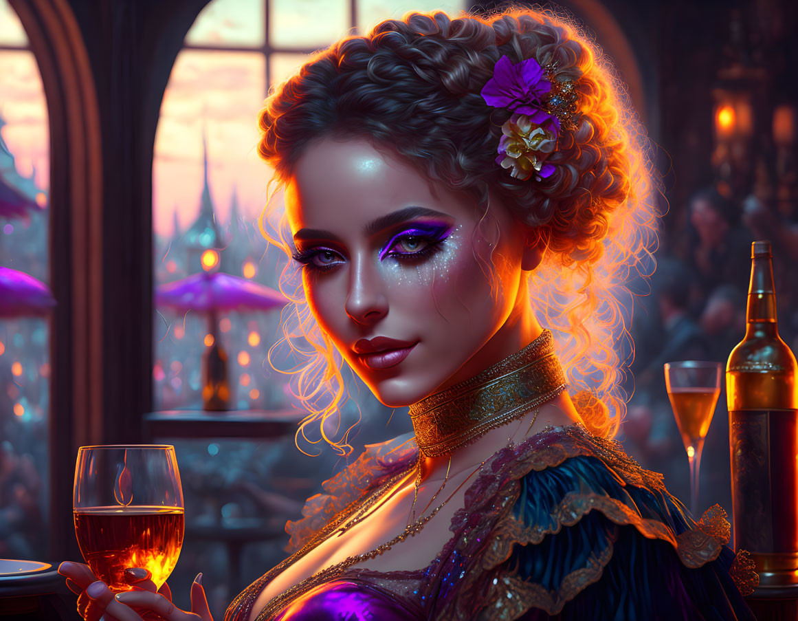 Curly-Haired Woman with Flower Holding Wine Glass in Tavern