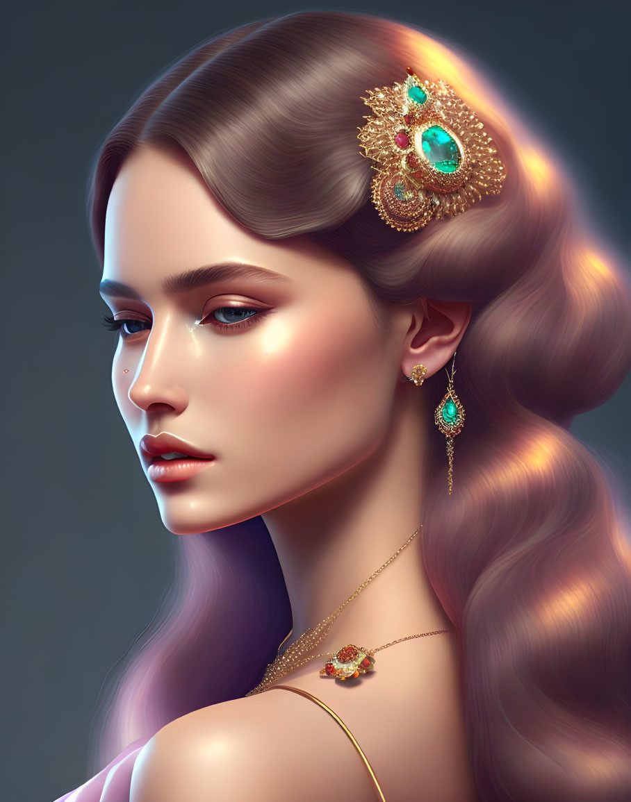 Woman with glossy wavy hair and golden jewel hairpiece and earrings.