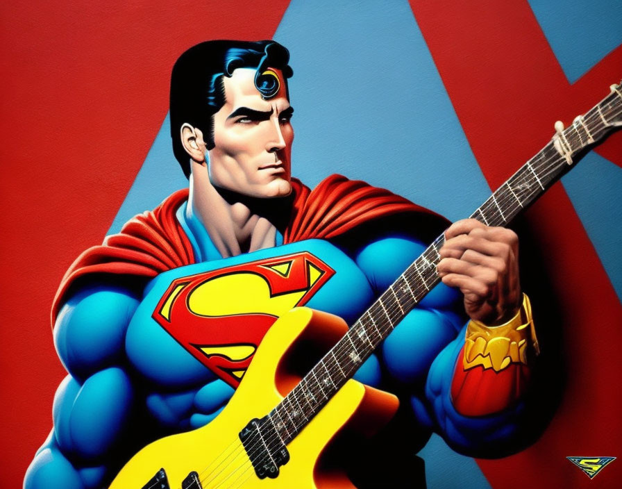 Superman playing yellow electric guitar against red and blue backdrop