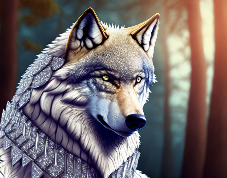 Detailed Digital Illustration of Wolf in Silver Armor with Green Eyes