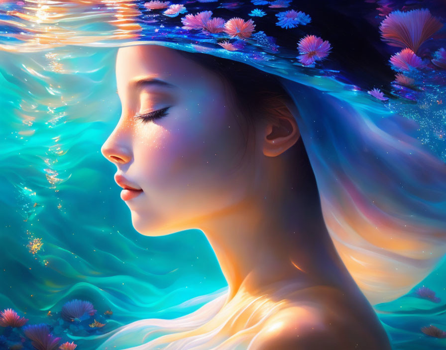 Woman submerged in water with flowing hair and pink flowers, surrounded by glowing particles