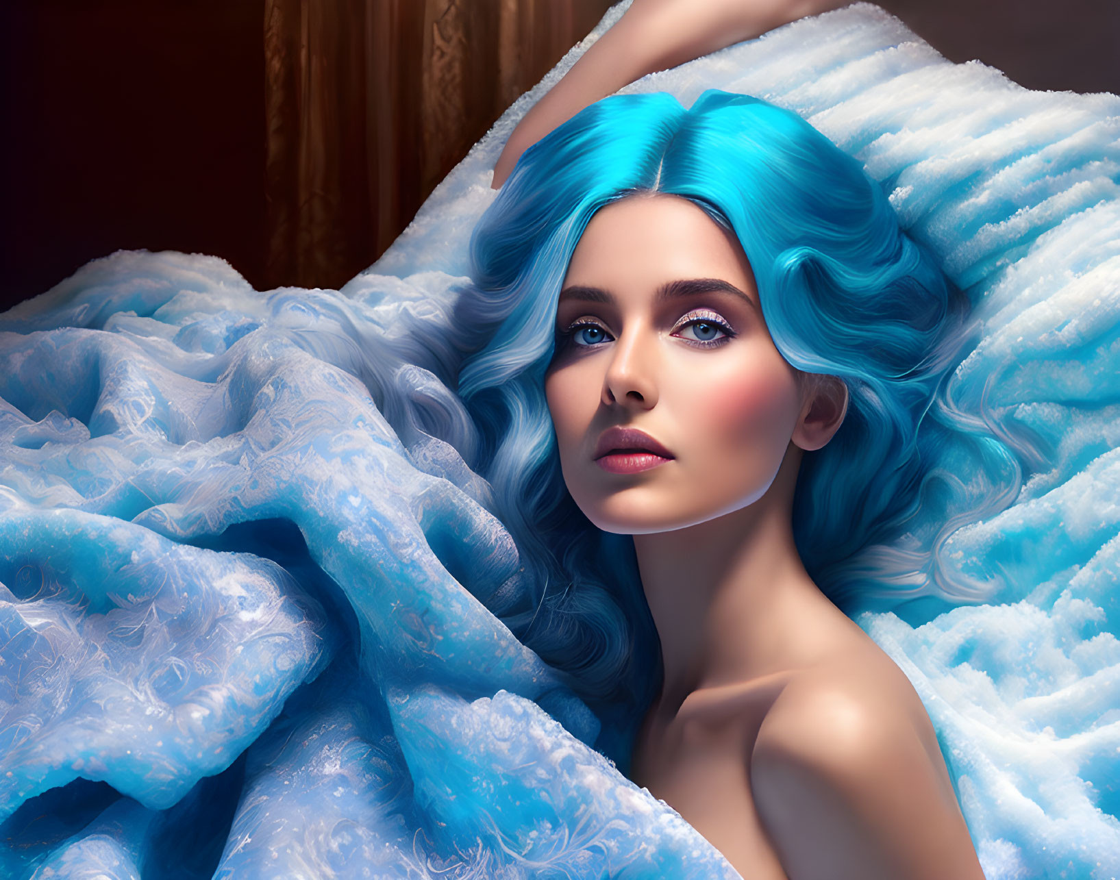 Vibrant blue-haired woman resting on textured fabric