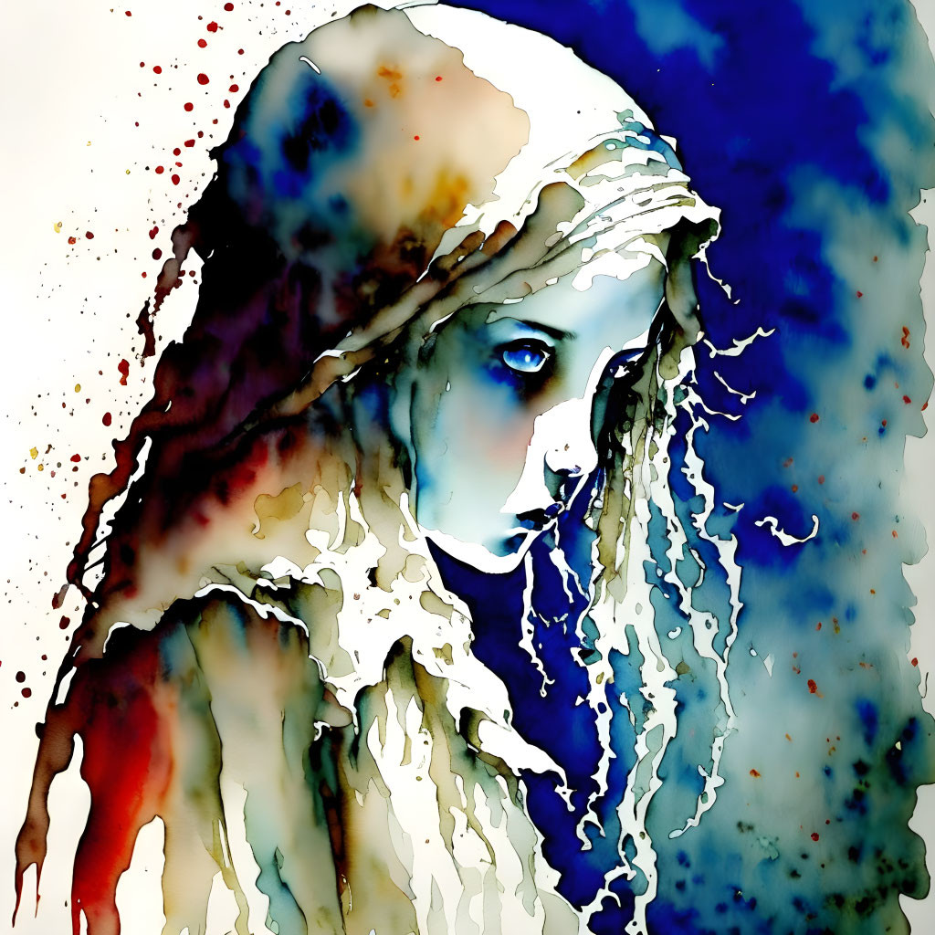 Pale-skinned woman with flowing hair in blue and brown watercolor painting