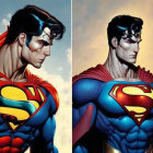 Artistic renderings of classic superhero in profile and facing forward with red cape, blue suit, and