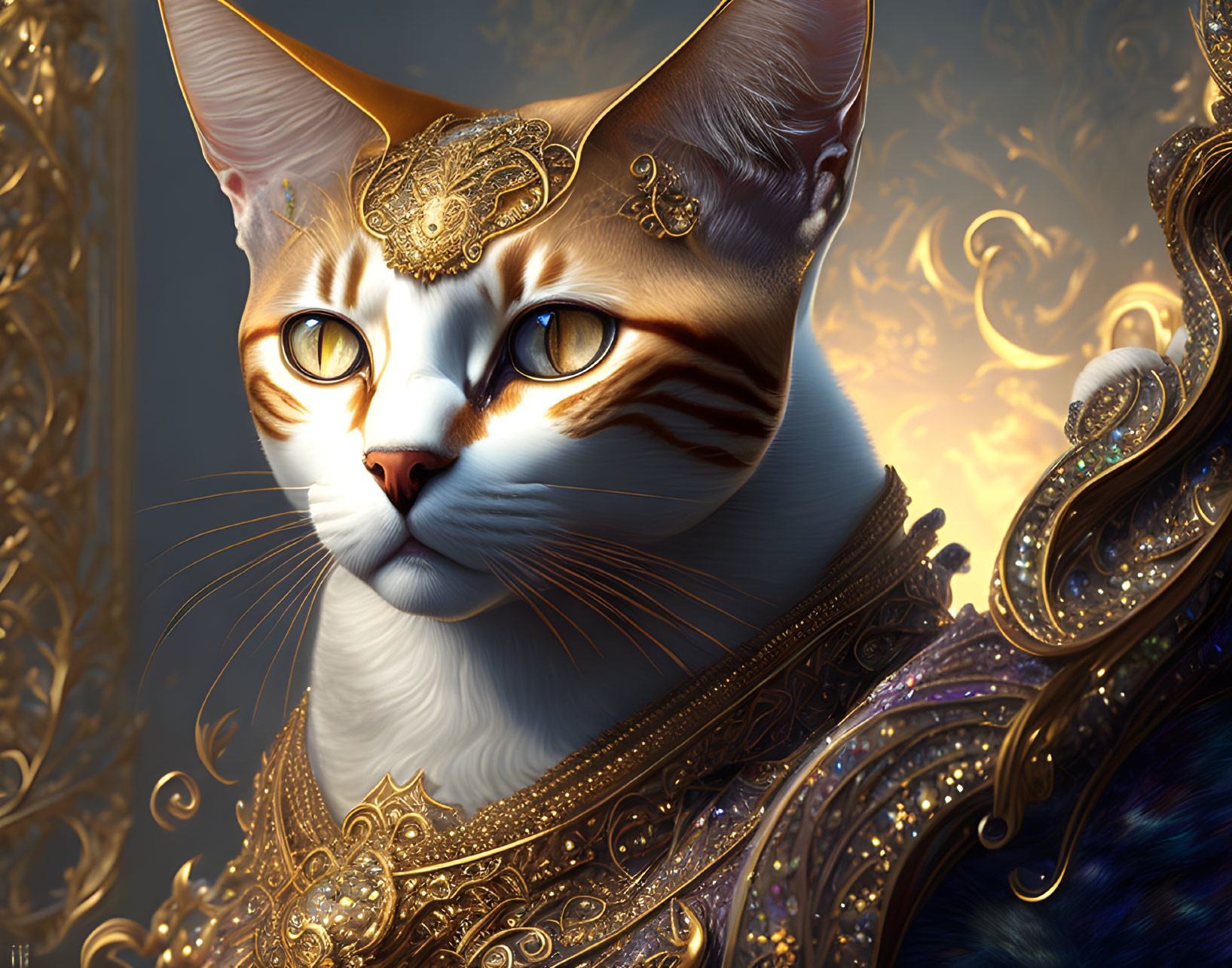 Regal Cat with Golden Headpiece and Gemstone Collar