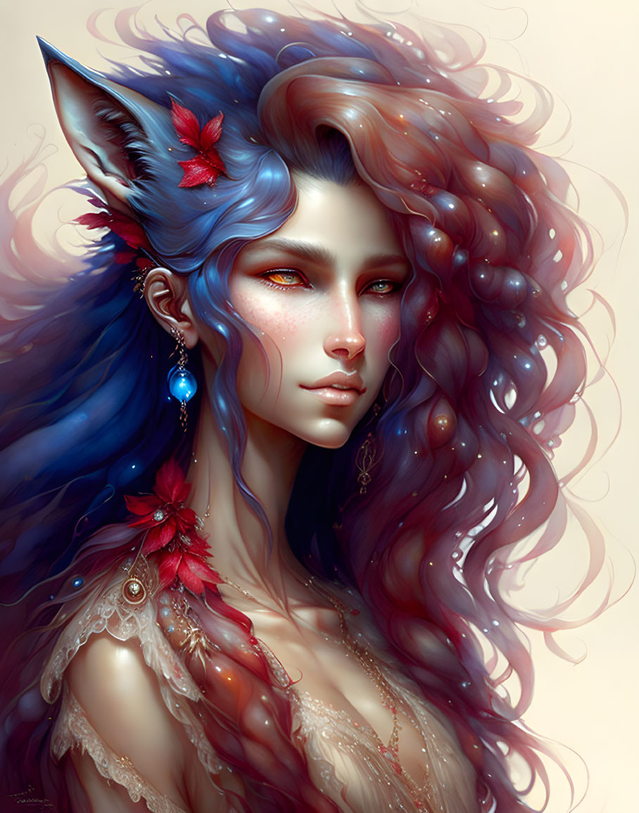 Fantasy female with blue cat-like ears and multicolored hair in delicate lace and feather attire.