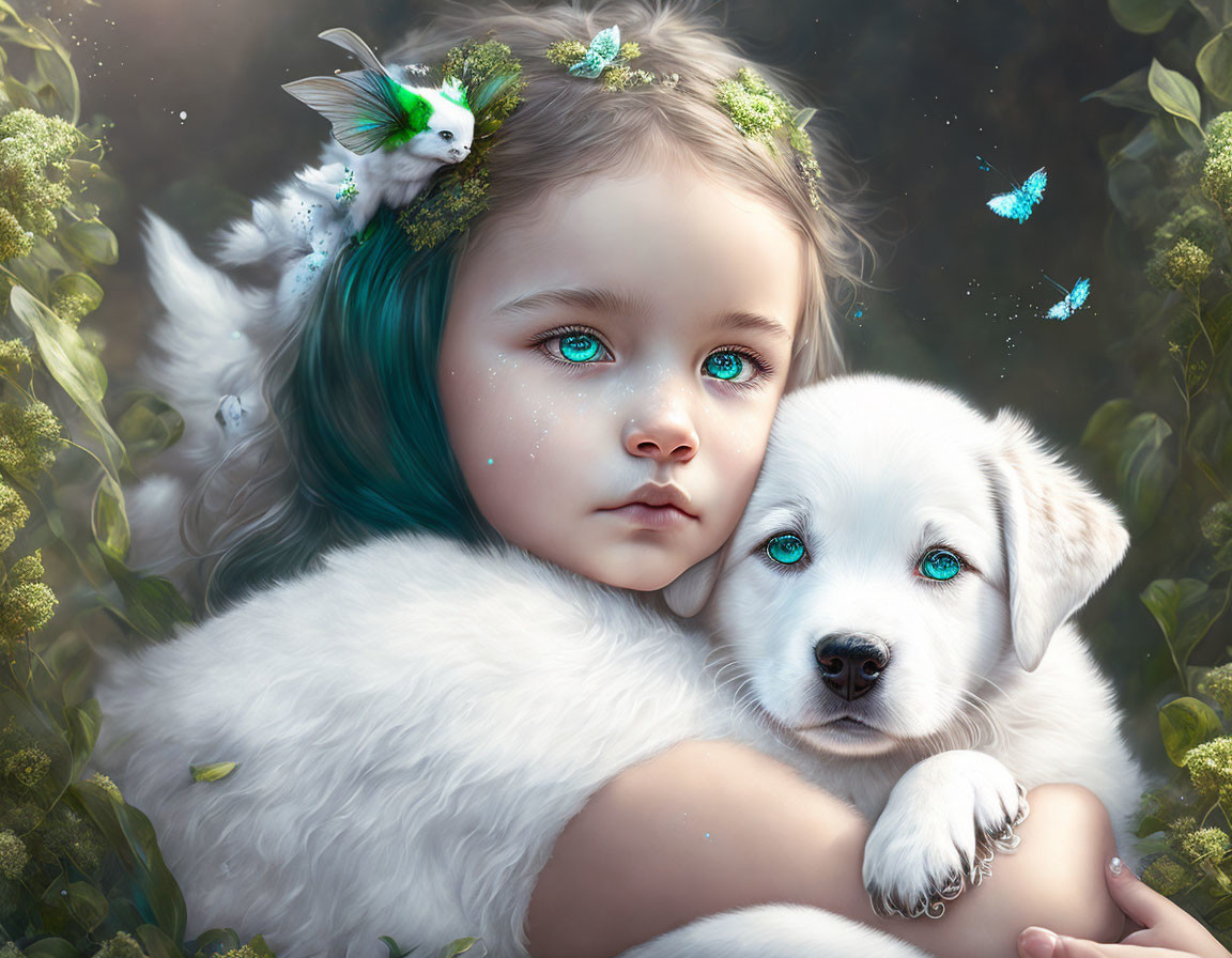 Young girl with blue eyes cuddles white puppy amid butterflies and whimsical bird.