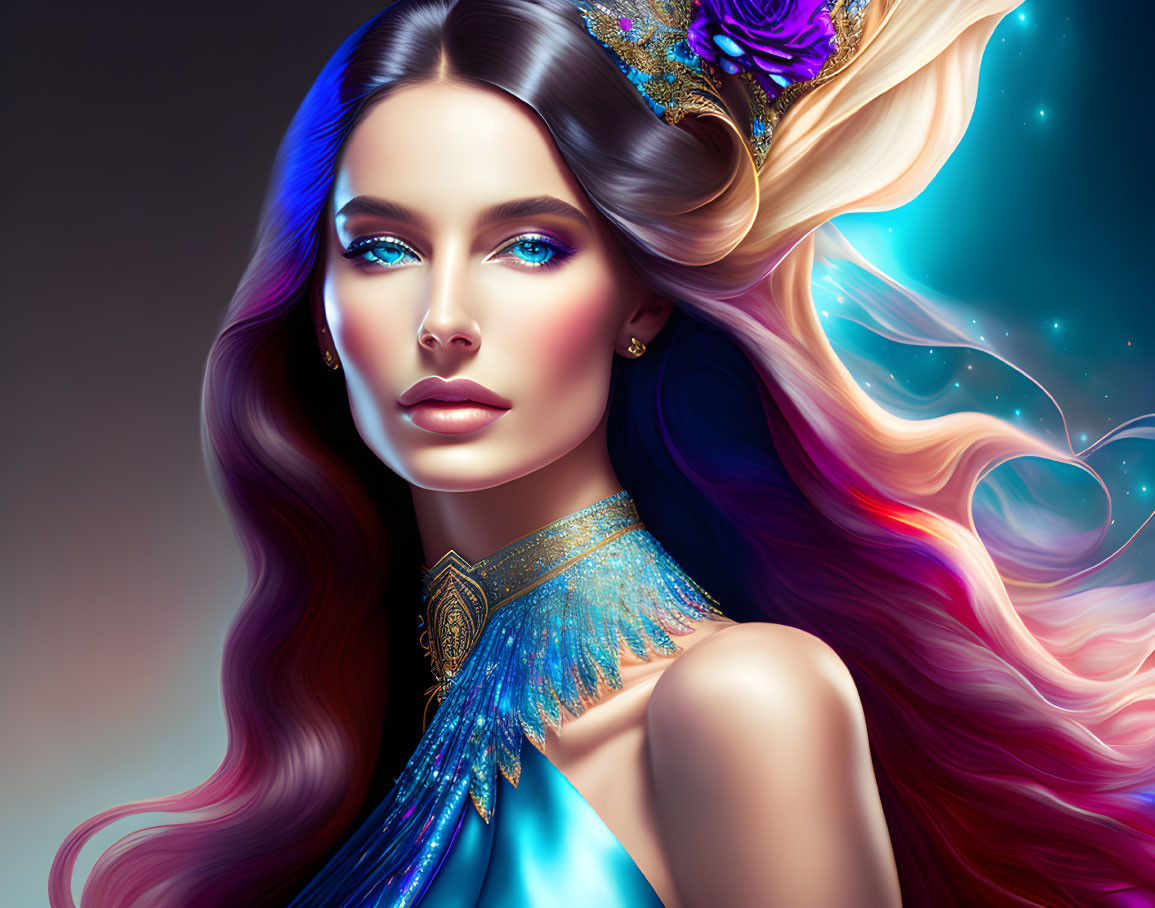 Multicolored hair woman with gold headpiece in cosmic setting