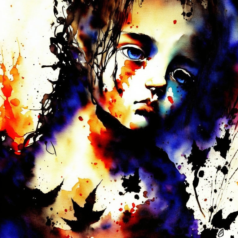 Child with Blue Eyes Watercolor Painting in Abstract Style