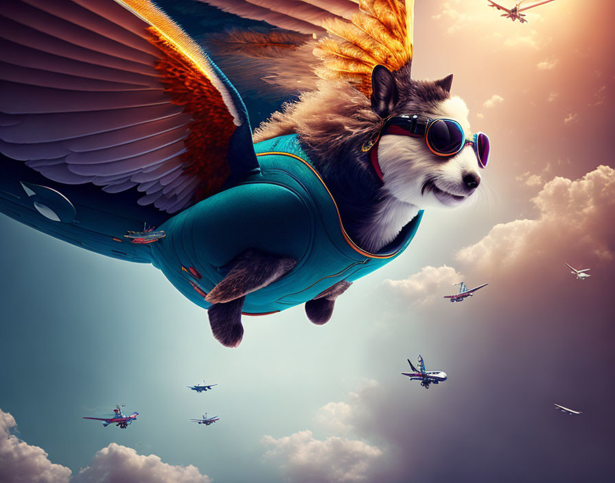 Raccoon in goggles and jumpsuit flying with wings among birds and planes