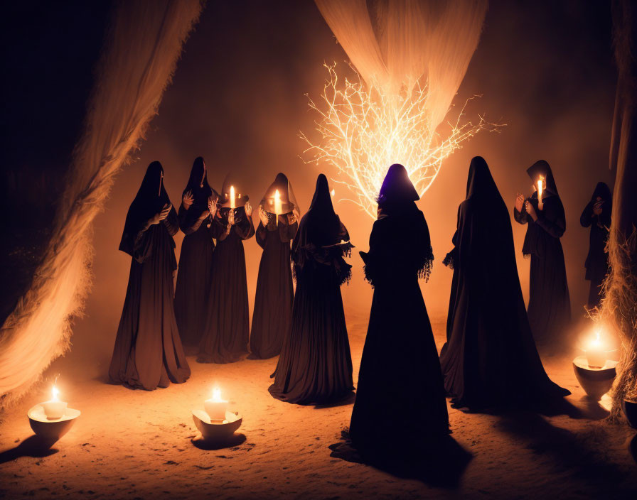 Robed figures with candles encircle central glowing figure in mystical setting