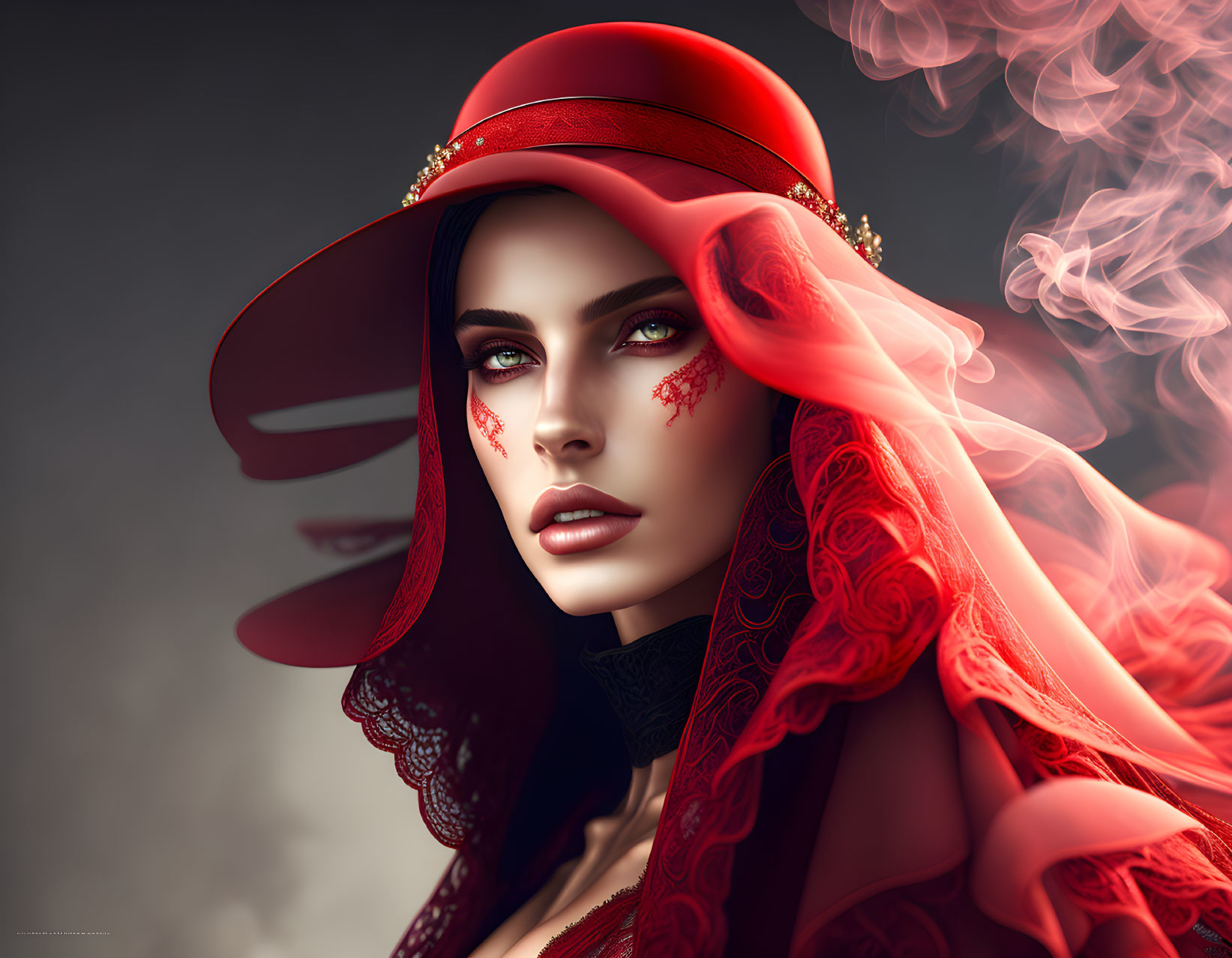 Digital artwork of woman with green eyes, red hat, veil, lace, and smoke.