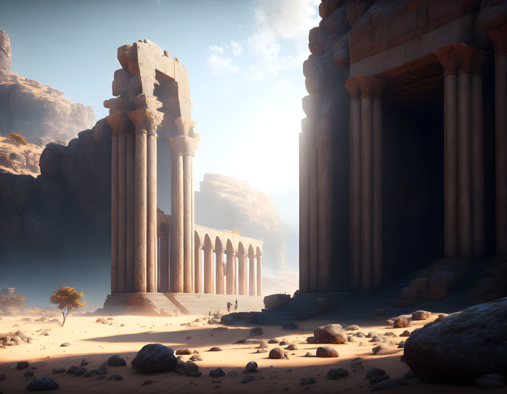 Ancient desert temple with towering columns in warm sunlight