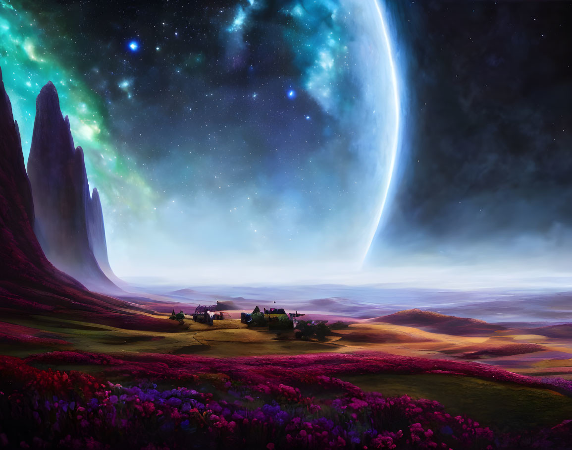 Landscape with massive planet, purple flowers, rocky spires, village under starlit sky.