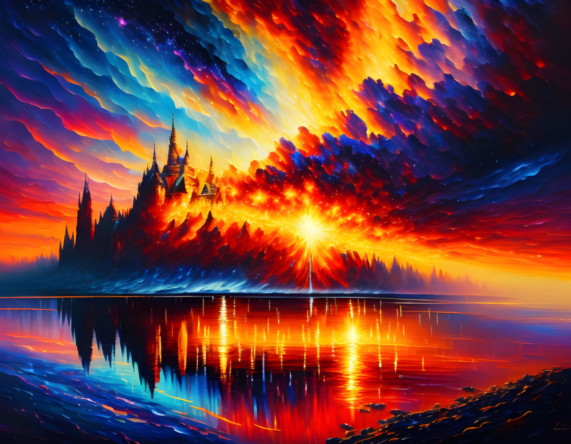 Castle at Sunset: Vibrant Painting of Fiery Sky, Tranquil Lake, Silhouetted